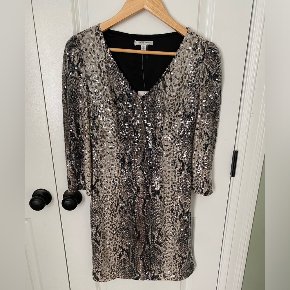 Alberto Makali Snake Print Sequin Cocktail Dress NWT Size 2